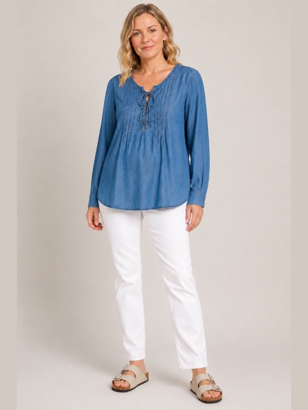 TALBOTS Woman 100% Lyocell Blue Chambray Lace Front Long Sleeve Top Sz 2X